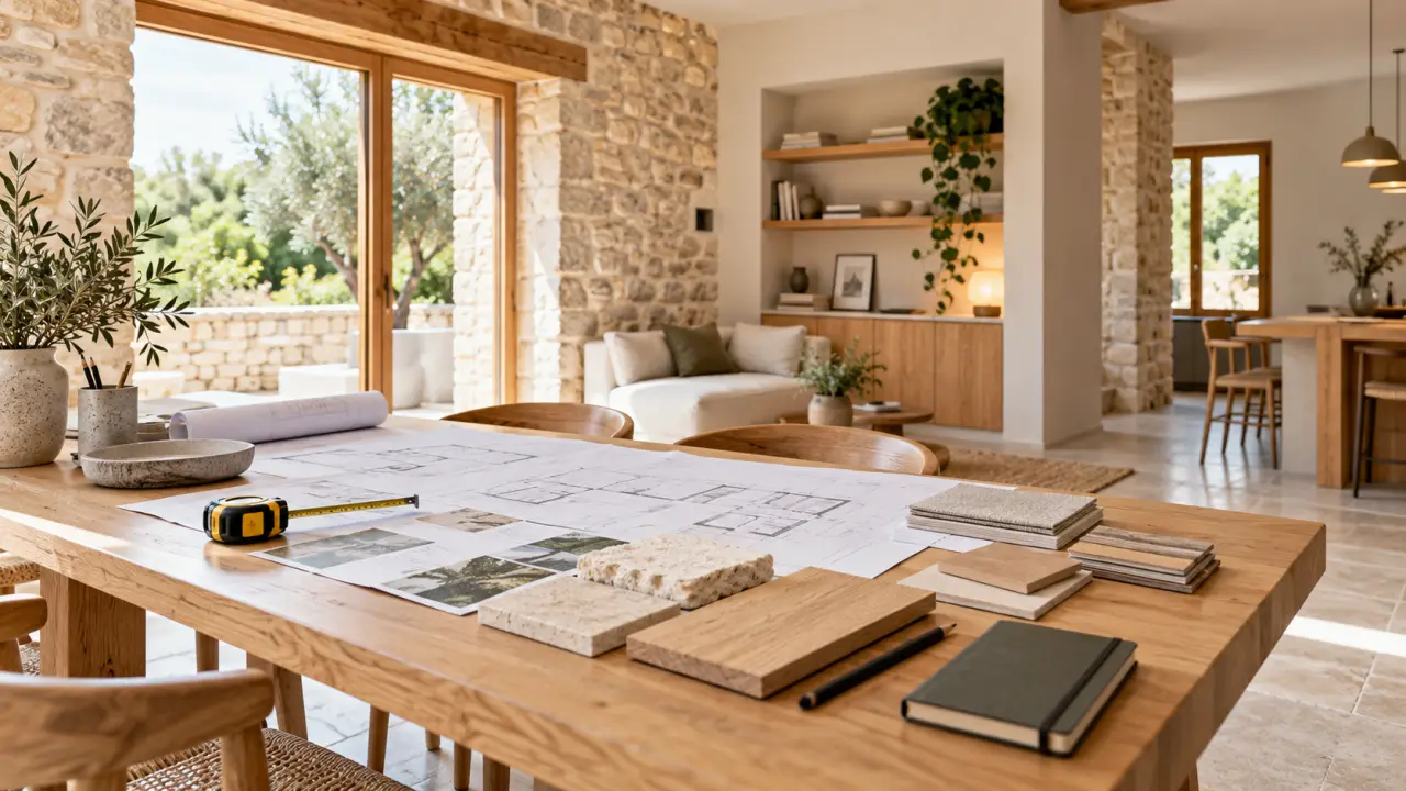 Intérieur contemporain en cours de rénovation, avec matériaux bruts et lumière naturelle