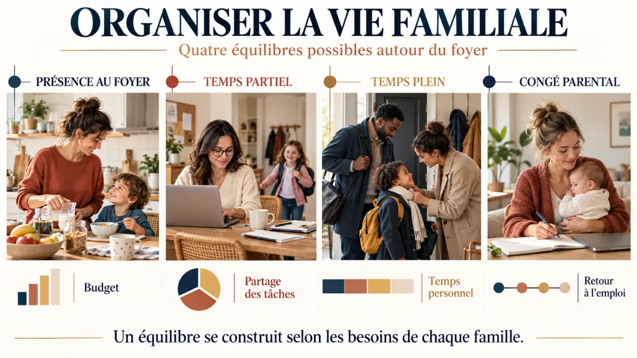 Infographie sur les choix d’organisation d’une mère au foyer, le budget, la répartition des tâches et le retour à l’emploi