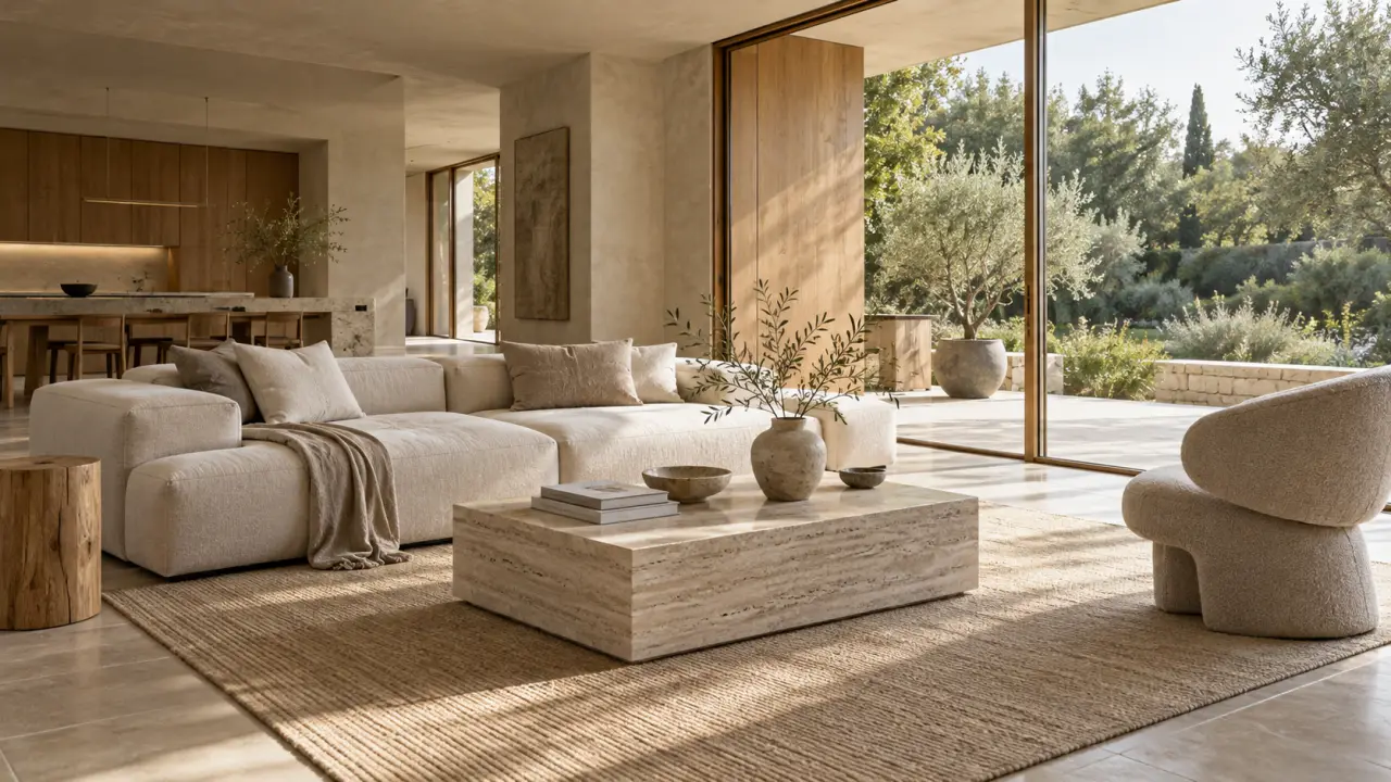 Intérieur contemporain minimaliste conçu avec des matériaux durables et une lumière naturelle
