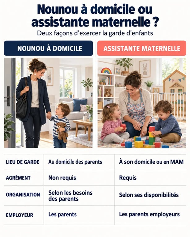 Infographie pour devenir nounou à domicile : différence avec une assistante maternelle