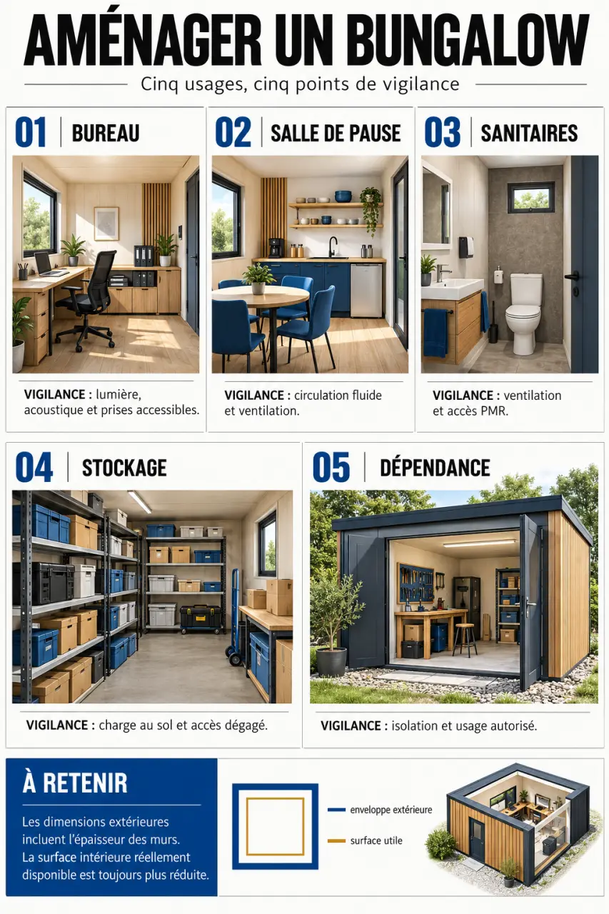 Infographie sur l’aménagement bungalow selon l’usage et la surface intérieure disponible