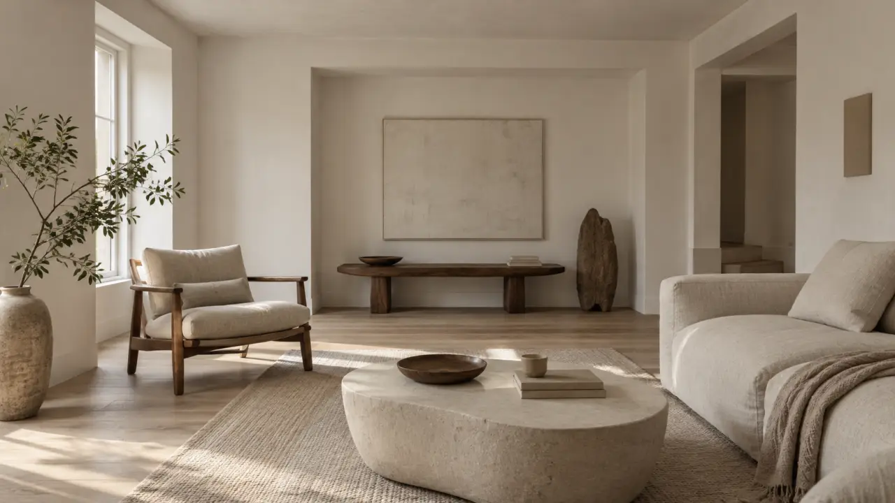 Intérieur contemporain aux murs blancs, aux volumes équilibrés et aux contrastes de matières