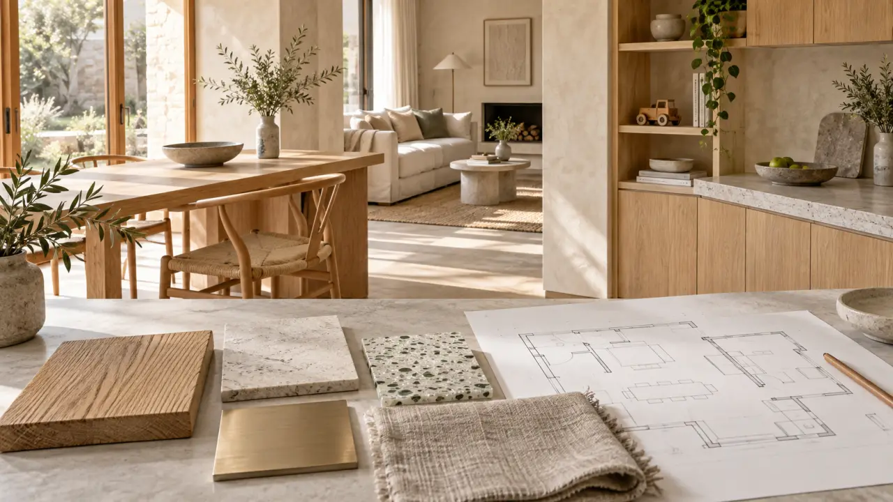 Intérieur contemporain en rénovation associant pierre, bois et surfaces minérales
