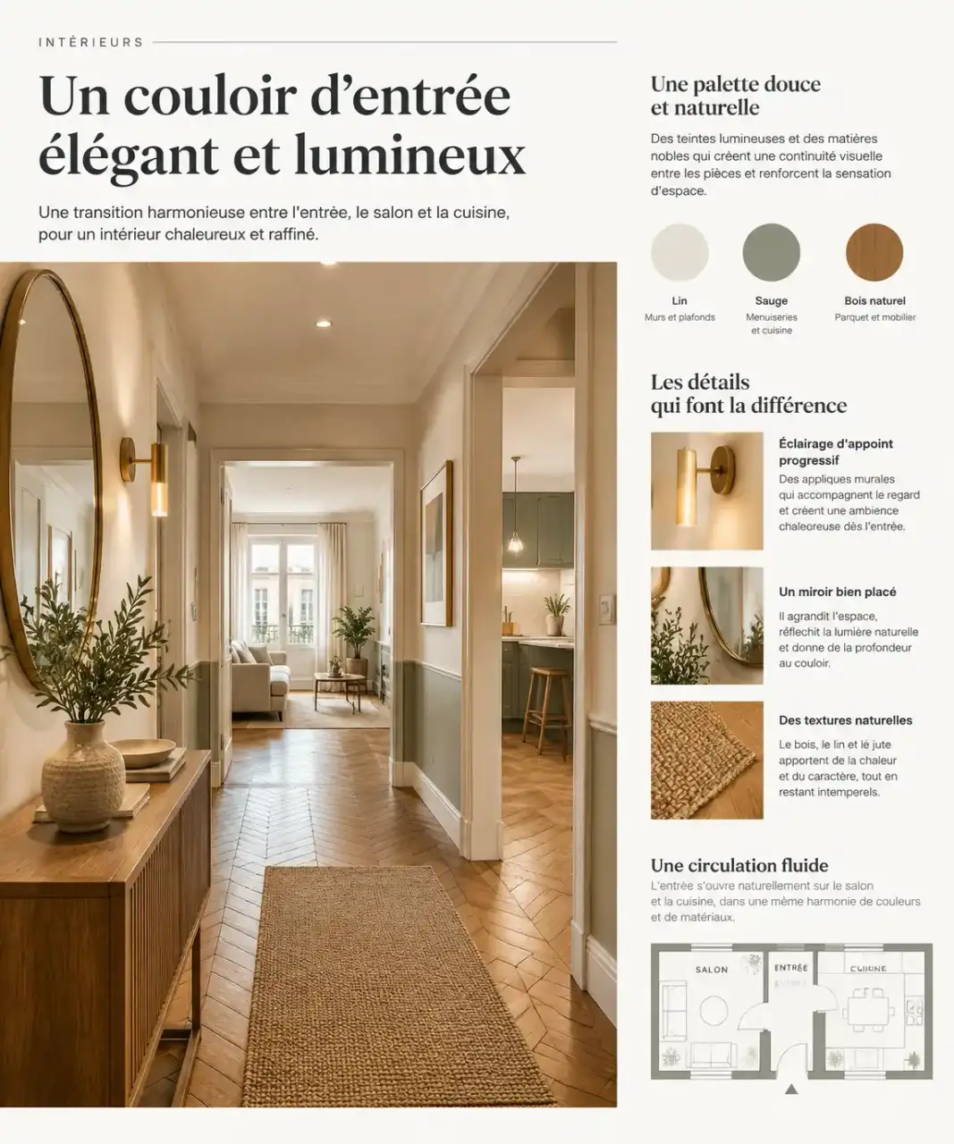 Couloir d'entrée harmonieux illustrant l'aménagement intérieur par elegancedeco.fr : couleur de liaison, miroir et éclairage progressif