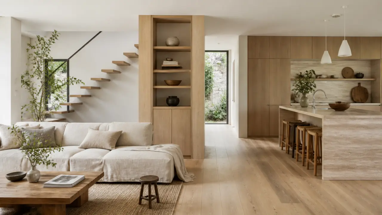 Intérieur minimaliste en bois clair, lumière naturelle et composition sobre
