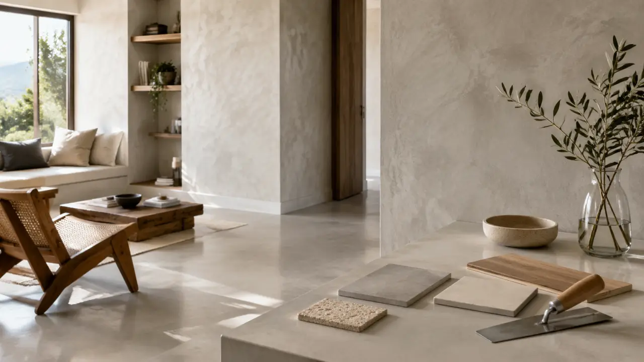 Intérieur minimaliste en béton brut avec lumière naturelle