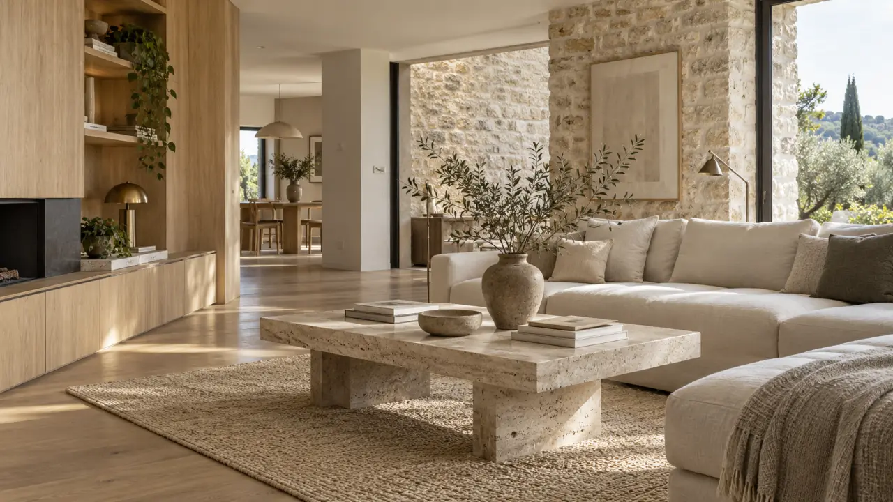 Intérieur contemporain rénové avec pierre naturelle, bois massif et lumière naturelle