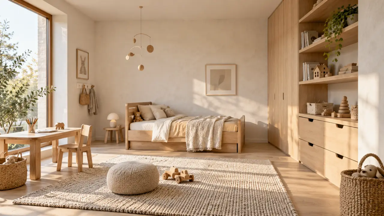 Chambre d’enfant minimaliste avec mobilier en bois clair et rangements évolutifs