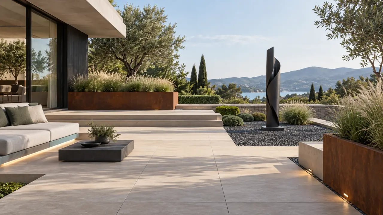 Décoration de jardin moderne avec terrasse, gravier, acier corten et végétaux graphiques