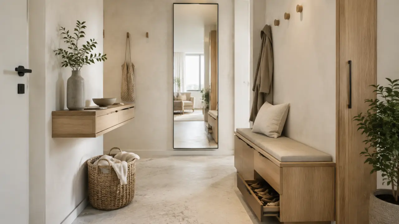 Entrée minimaliste et fonctionnelle avec rangements intégrés