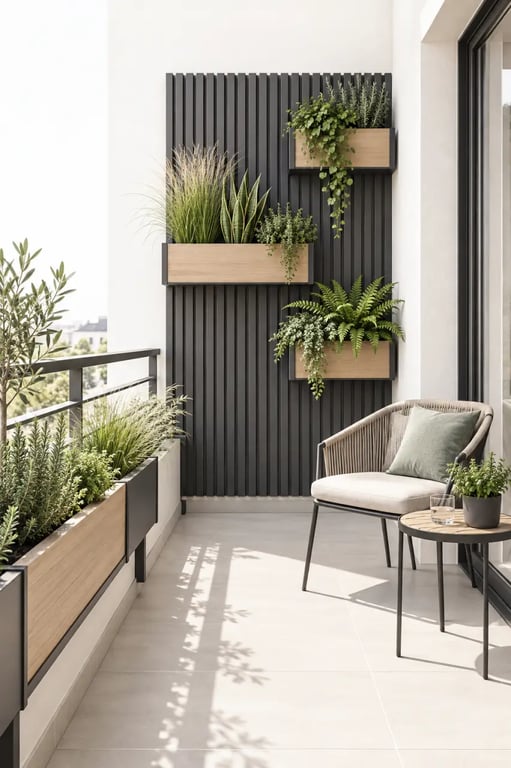 Décoration de jardin moderne pour petit balcon avec claustra et jardinières verticales