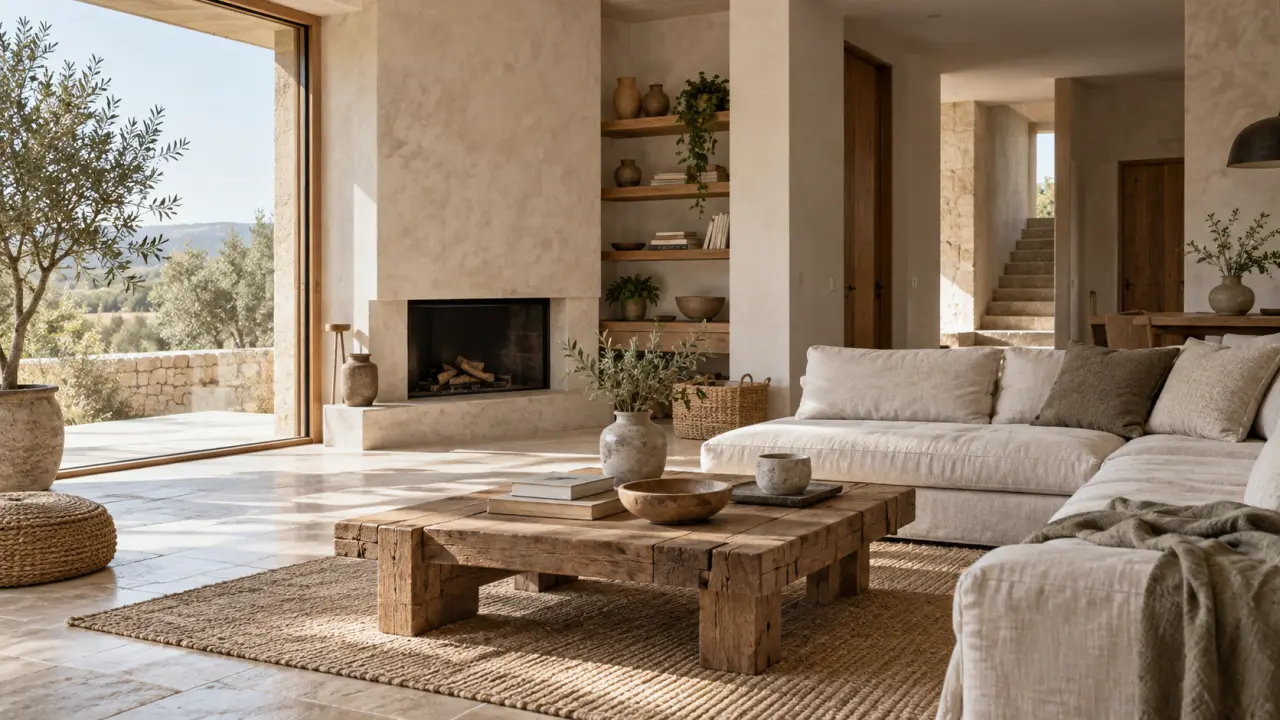 Intérieur contemporain rénové avec murs minéraux, bois naturel et lumière du jour