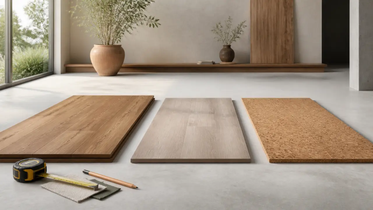 Intérieur minimaliste avec sol en matière naturelle, lumière crue et composition sobre