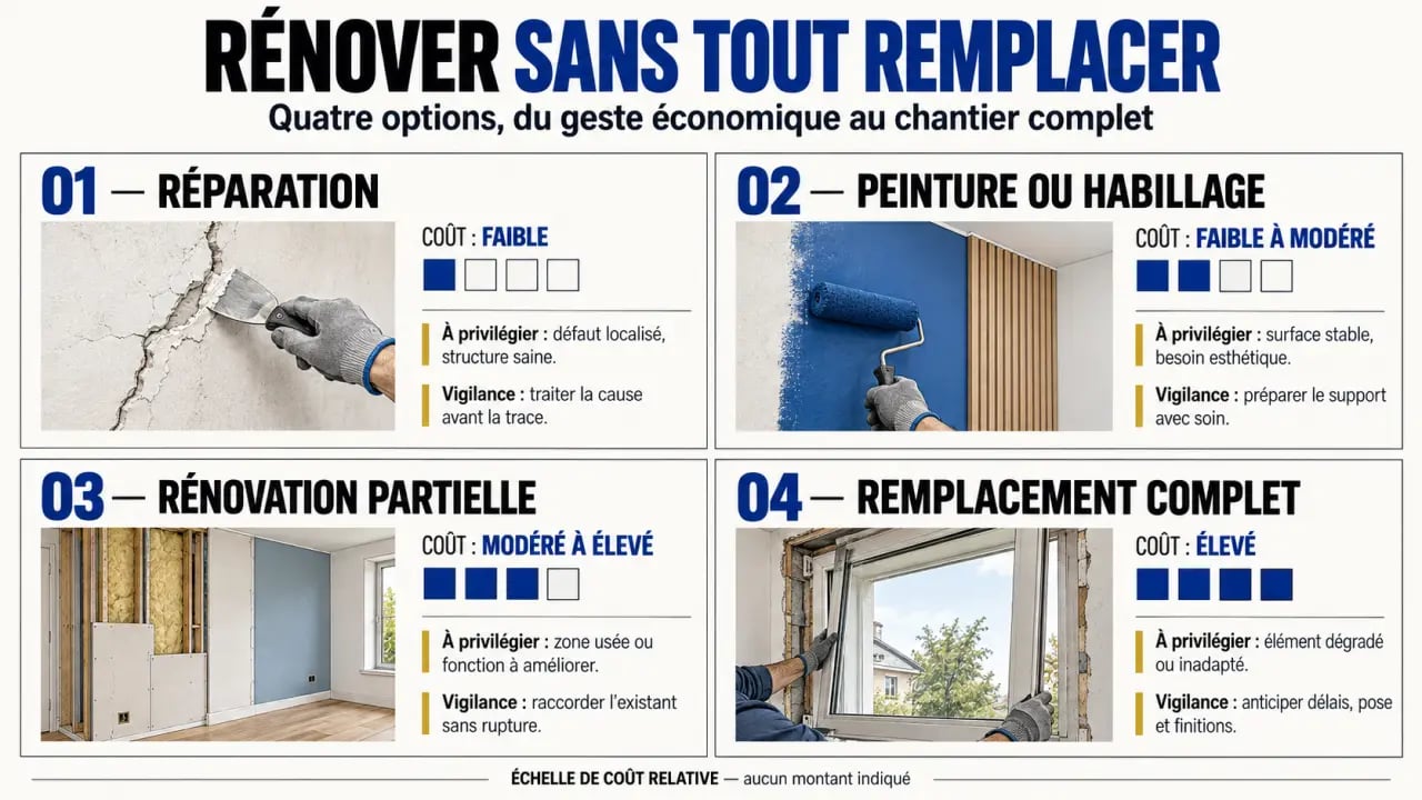 Infographie sur les solutions de rénovation pas chère et leur coût relatif