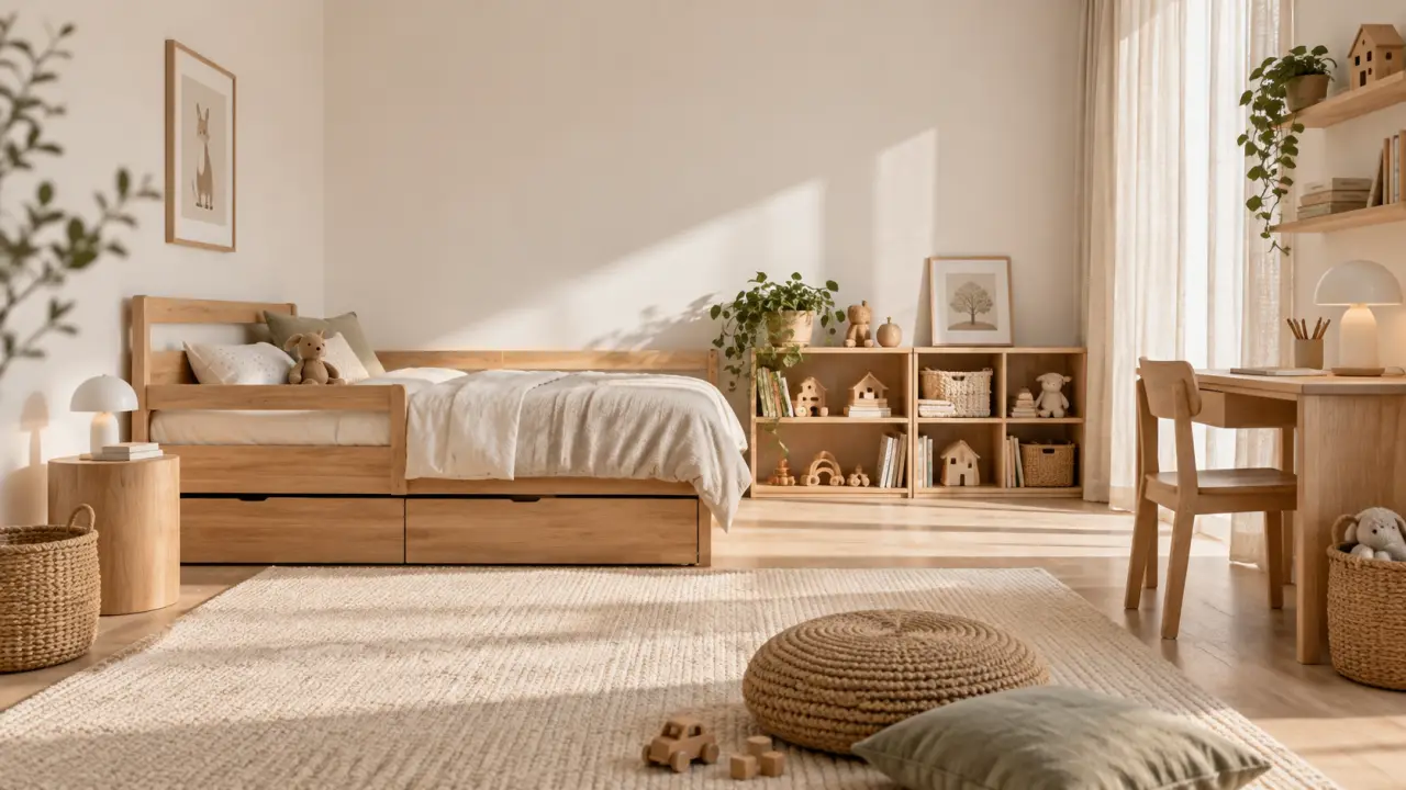 Chambre d’enfant minimaliste avec mobilier en bois clair et rangements évolutifs