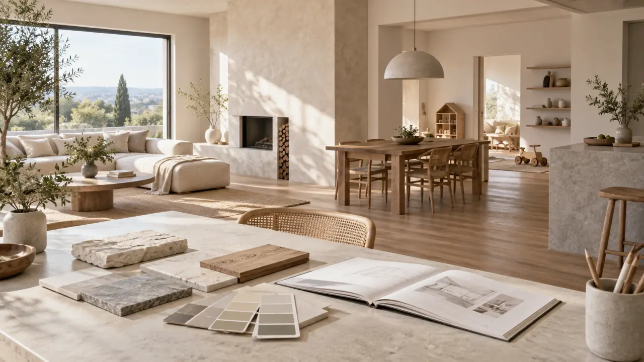 Intérieur contemporain rénové avec lumière naturelle et matériaux bruts