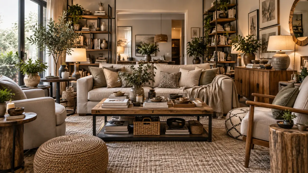 Salon contemporain minimaliste avec une circulation fluide et un mobilier soigneusement proportionné