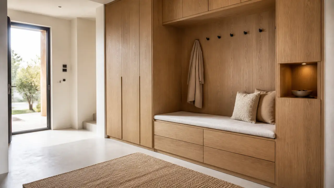 Sas d’entrée minimaliste avec rangements intégrés