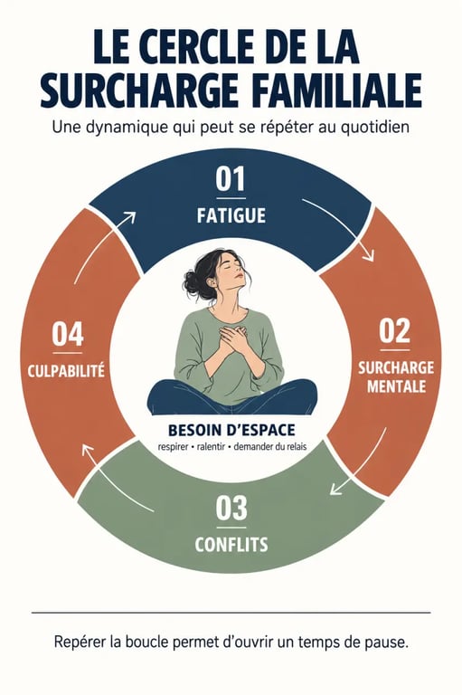 Infographie expliquant pourquoi je ne supporte plus ma vie de famille face à la fatigue et à la surcharge mentale