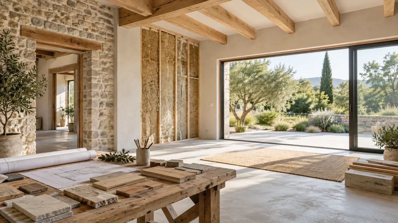 Intérieur contemporain rénové avec des matériaux naturels et une lumière abondante