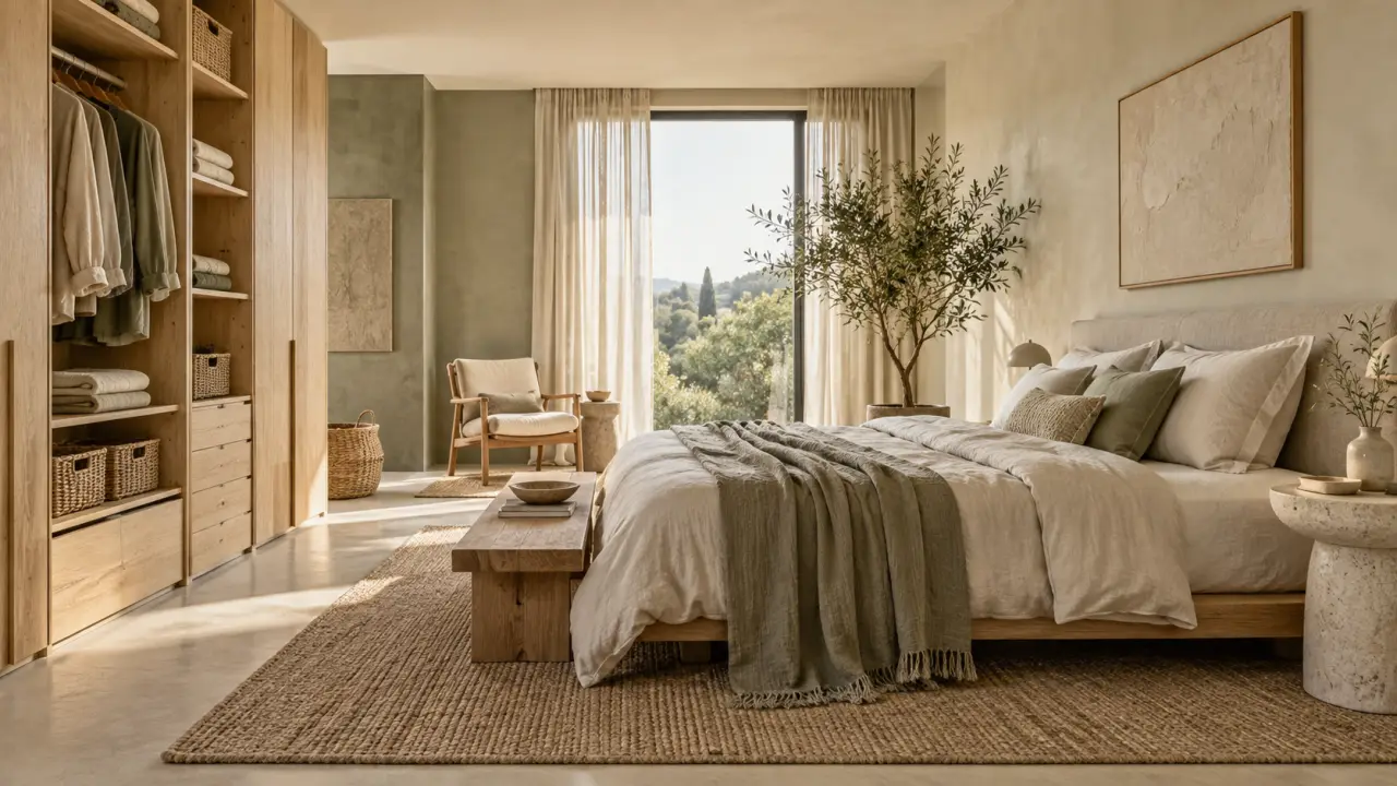 Chambre adulte minimaliste organisée avec des matériaux naturels et du mobilier durable