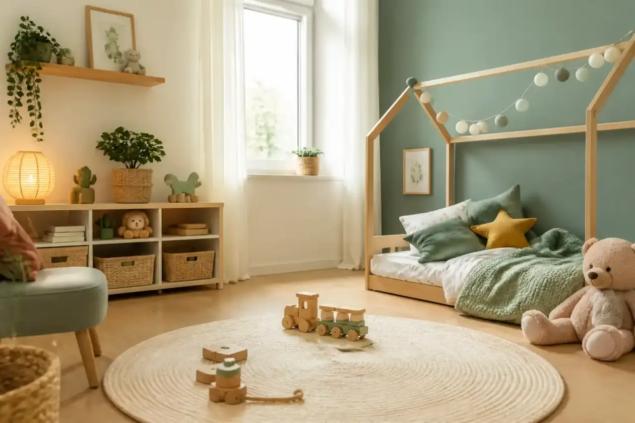 Chambre d’enfant minimaliste et lumineuse avec mobilier en bois clair
