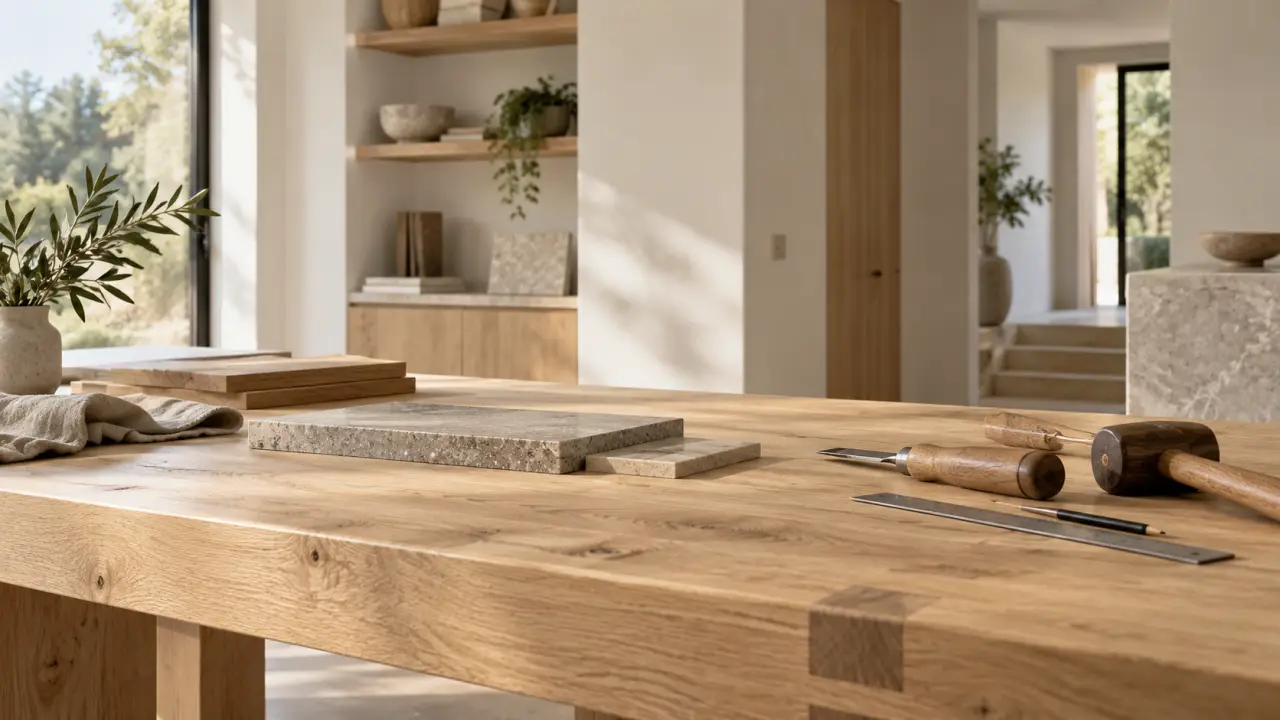 Intérieur contemporain rénové avec des éléments en bois massif et une lumière naturelle